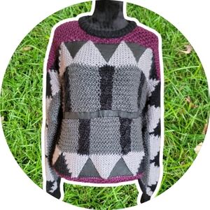 90s Forum Intarsia Leather Triim Patterned Sweater